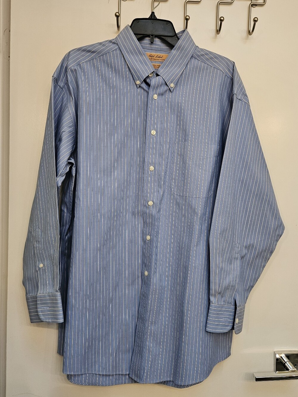 Roundtree & Yorke Gold Label Dress Shirt Mens 16.5 33 Blue White Striped Cotton